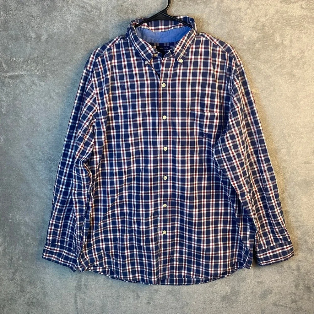 Chaps Mens Large Button Down Shirt Blue Red White Plaid Long Sleeve Easy Care